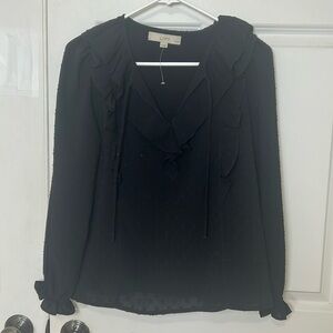 LOFT Solid Black Dot Swiss Long Sleeve Ruffle Detail Top size small petite